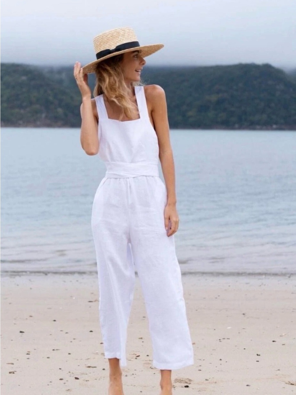 Posse White Linen Square-Neck Jumpsuit NWT size M